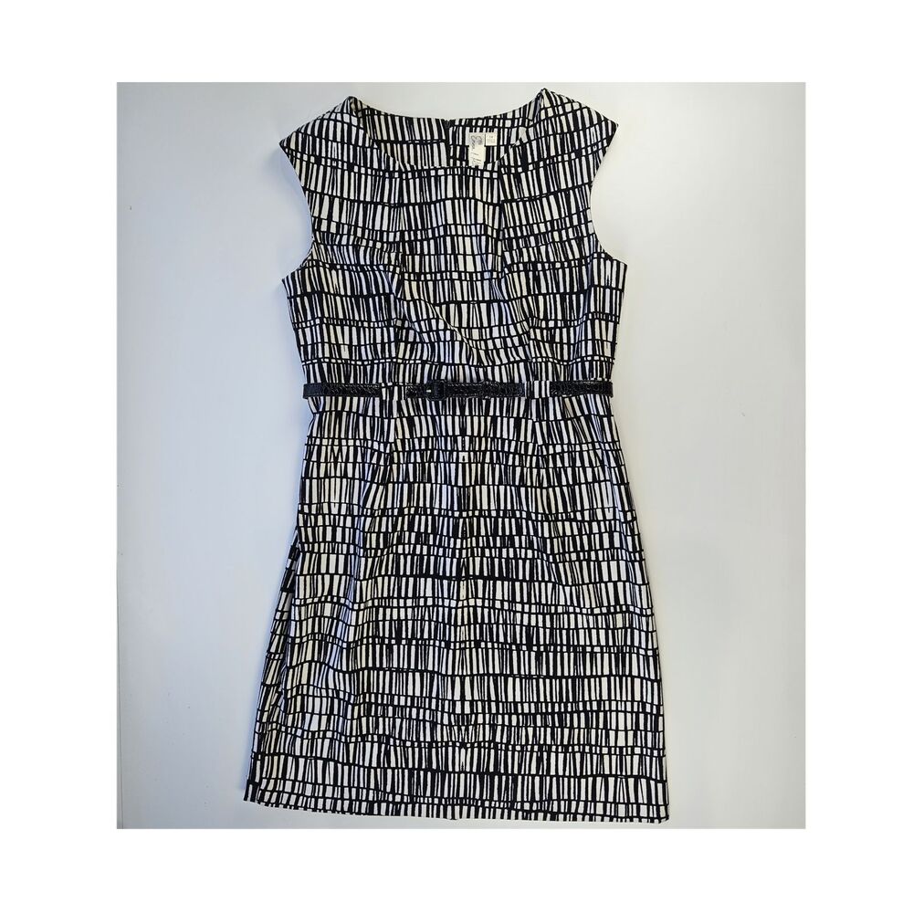 Black White Geometric Print Sleeveless Belted Midi Dress Zipper Slit Size 14
